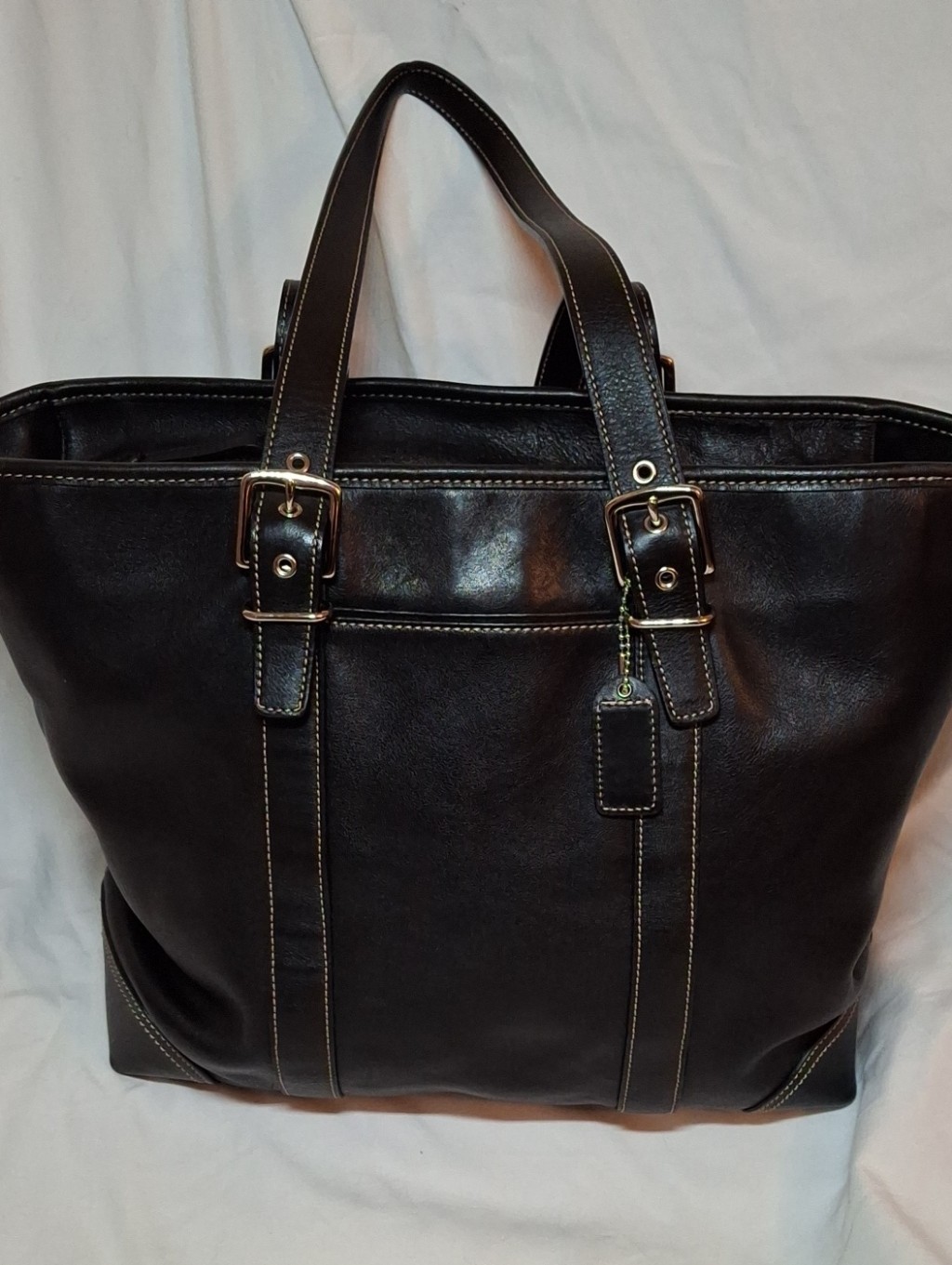 Coach Black Leather Shoulder Tote With Contrast Stitching